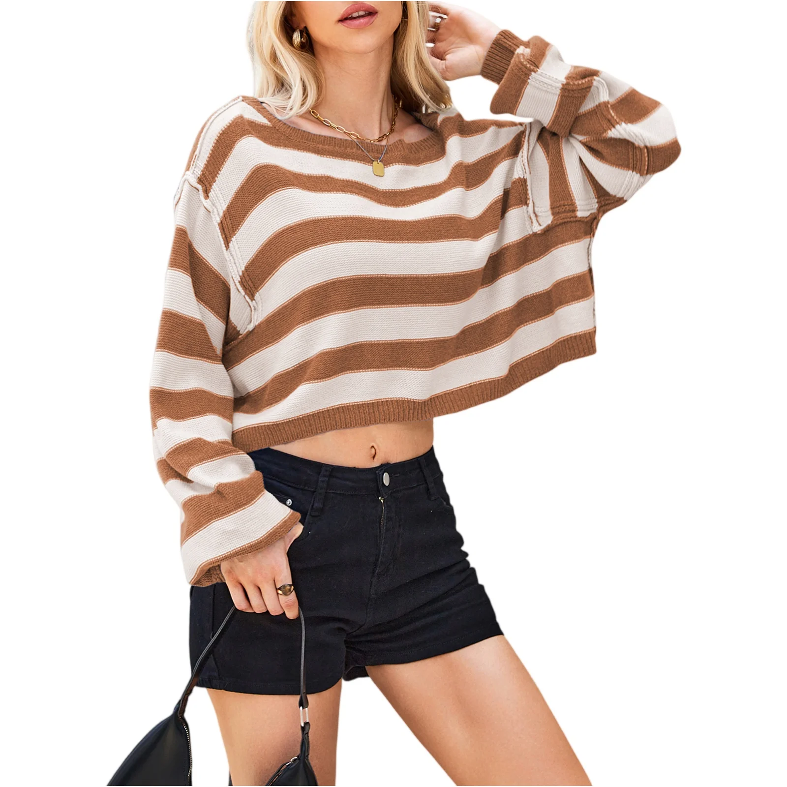 

Women Retro Long-Sleeved Autumn New Loose Fleece Pullover Striped O-Neck Sweater Casual Loose Fashion Winter Pullover Top