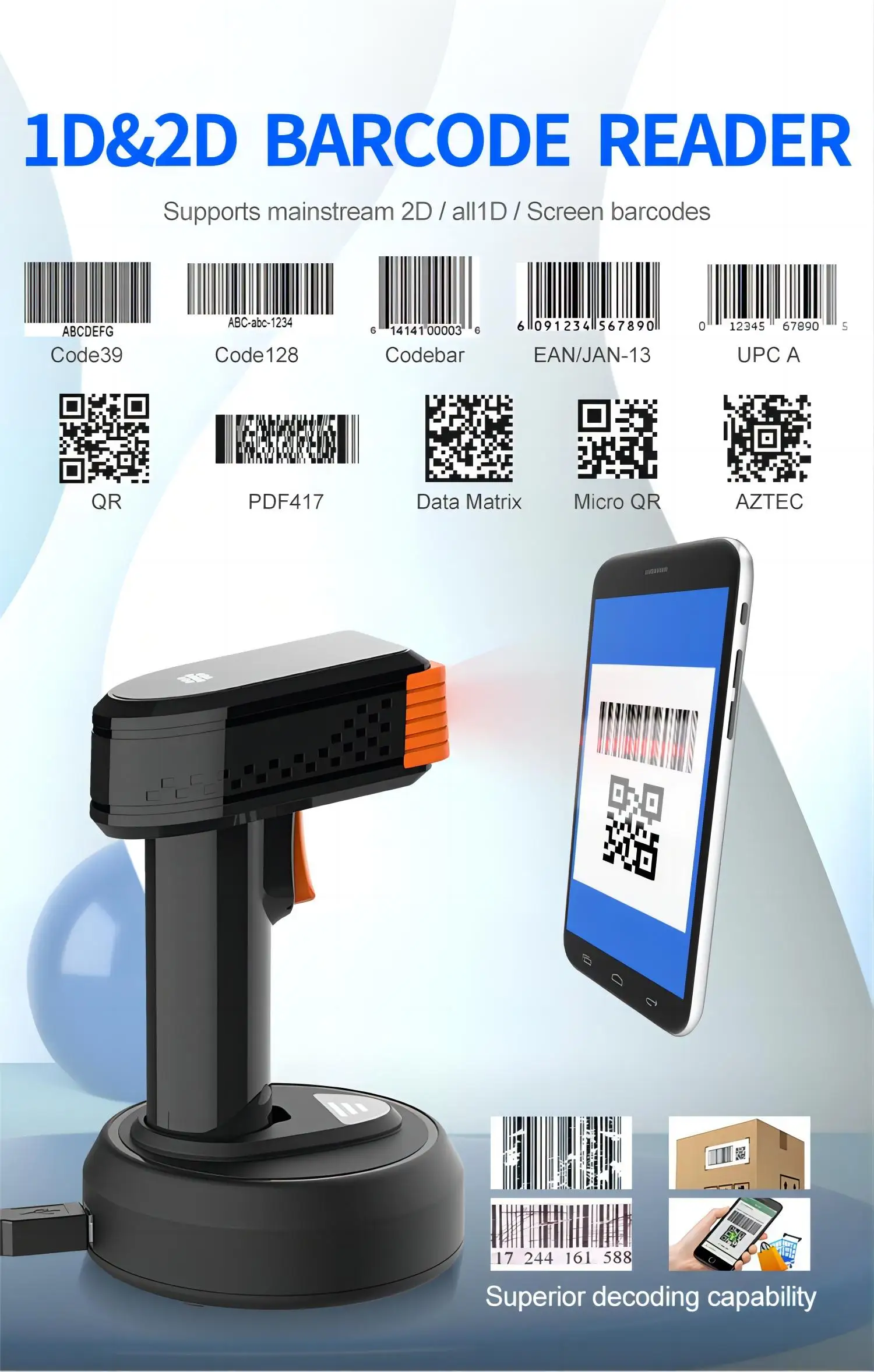 Handheld sem fio Barcode Reader com Cradle, Scanner 2D, QR Imager, PDF417 CMOS Coletor de Dados, 1D, PDF417