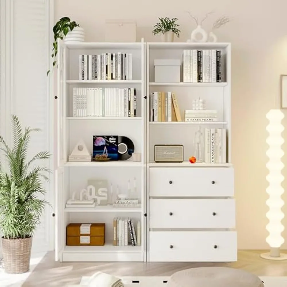 Bookshelf Bookcase, 3-Tier Modern Bookshelves 3 Large Drawer, Wood Filing Cabinet with Open Storage Shelf, Glass Doors