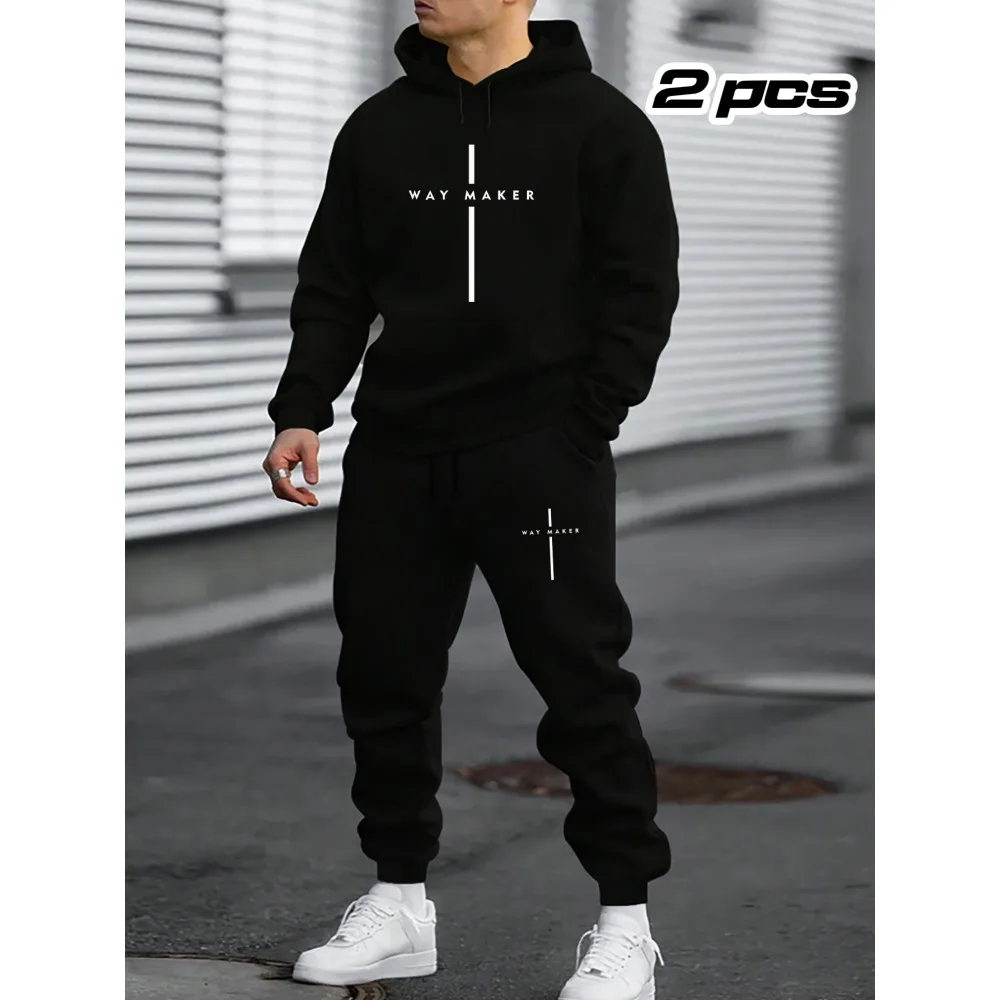 Cozy Fleece-Lined Hoodie & Sweatpants Set for Men - Trendy Print, Casual Fall/Winter Outfit