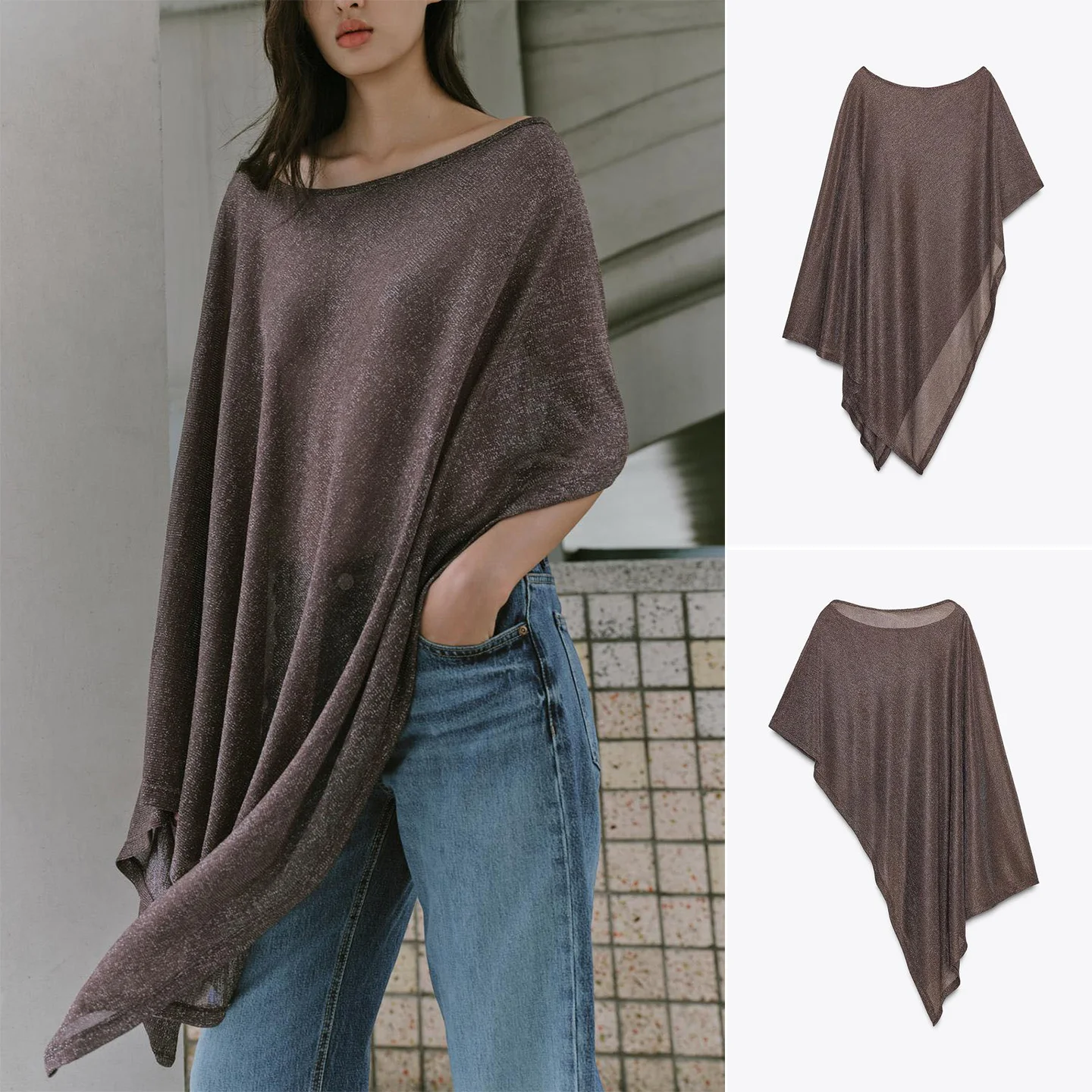 

Fall New Arrival Casual Metal Color Tead Asymmetric Cloak Coat Women's Design Sensation Polyester Fiber 00% Pure Color