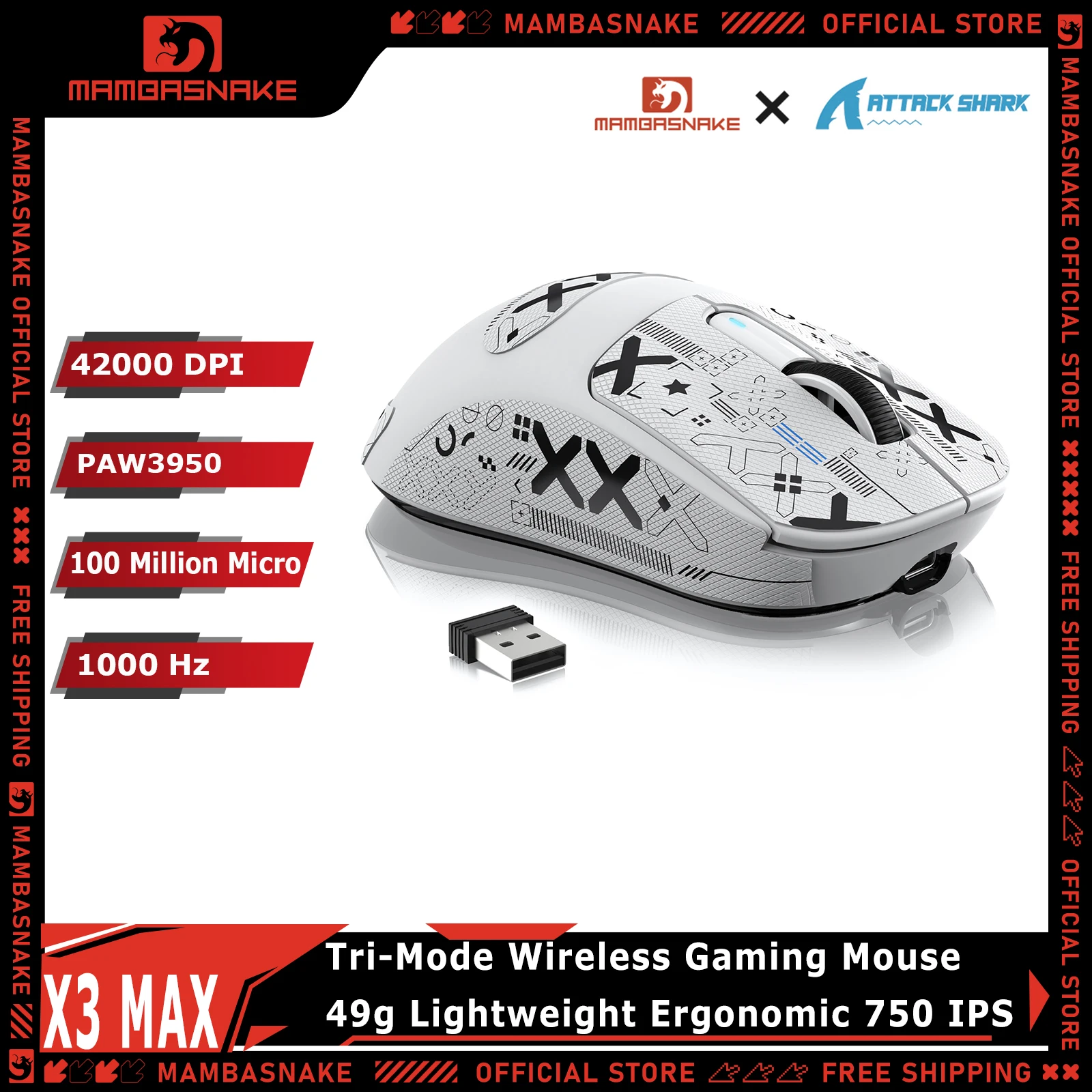 ATTACK SHARK X3Max Tri-Mode Wireless Gaming Mouse 49g Ultra-Lightweight 1000Hz PAW3950 42000DPI Ergonomic For PC Gamer