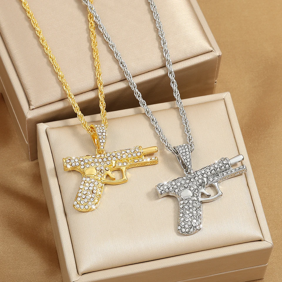 

Htpwe Bling Iced Out Pistol Pendant Submachine Gun Necklace Men Personality Hip Hop Rock Punk Cool Street Party Jewelry Gift