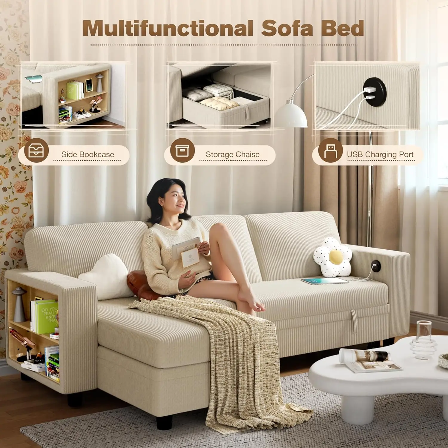 Yeshomy-sofá cama en forma de L Convertible, sofá seccional para sala de estar, con cama extraíble, Chaise de almacenamiento y 2 incorporados