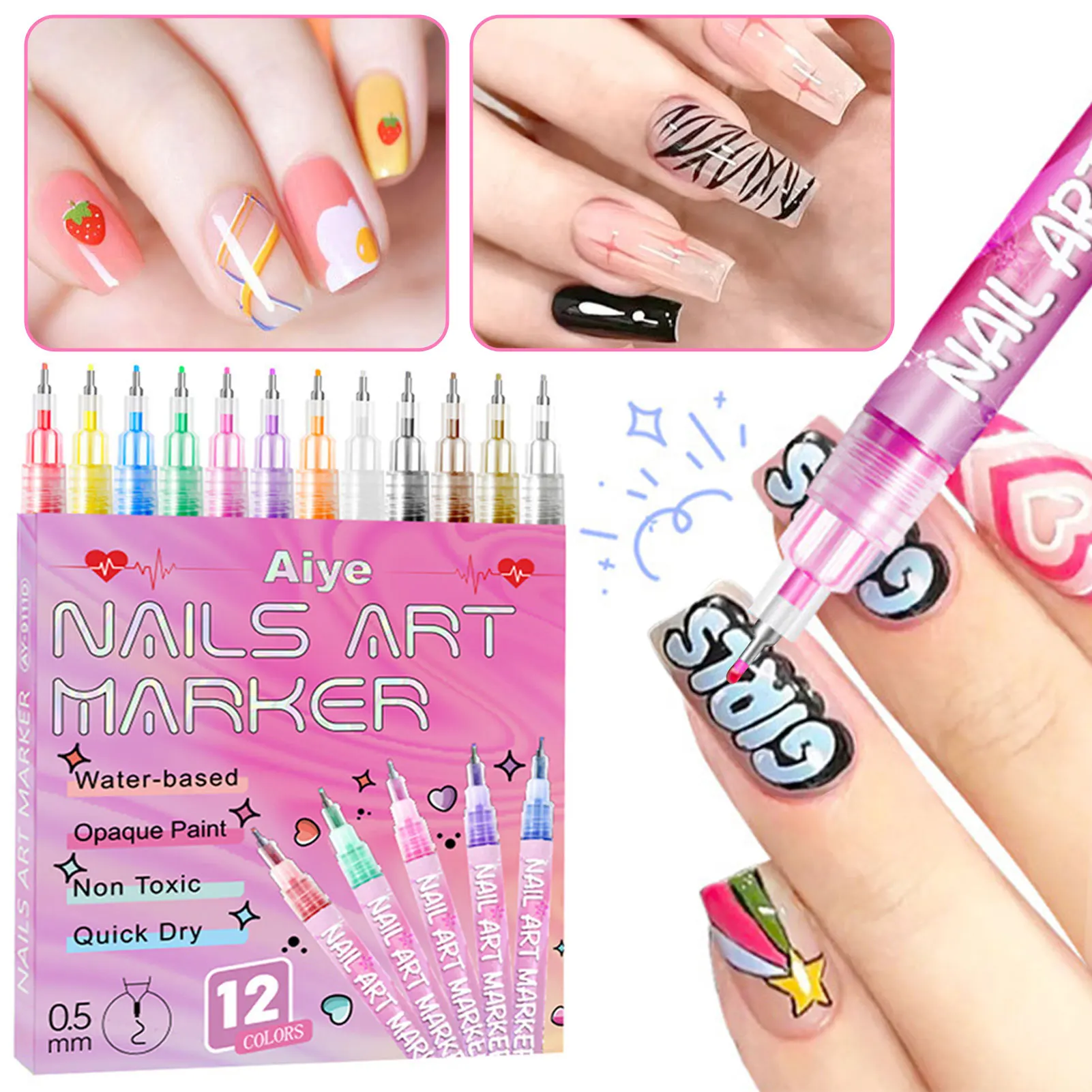 

12pcs Nail Art Graffitis Painting Pen Quick Dry Nail Art Pen Set Acrylic Marker Pen Art with 0.5mm Tip