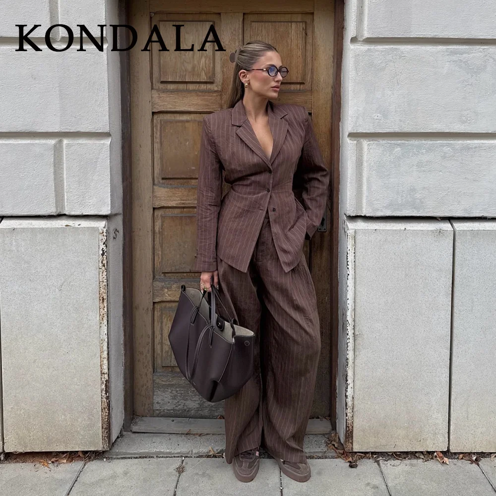 

KONDALA 2025 осень-зима в полоску офисные женские костюмы модные элегантные коричневые пояса свободные однобортные пиджаки шикарные широкие брюки