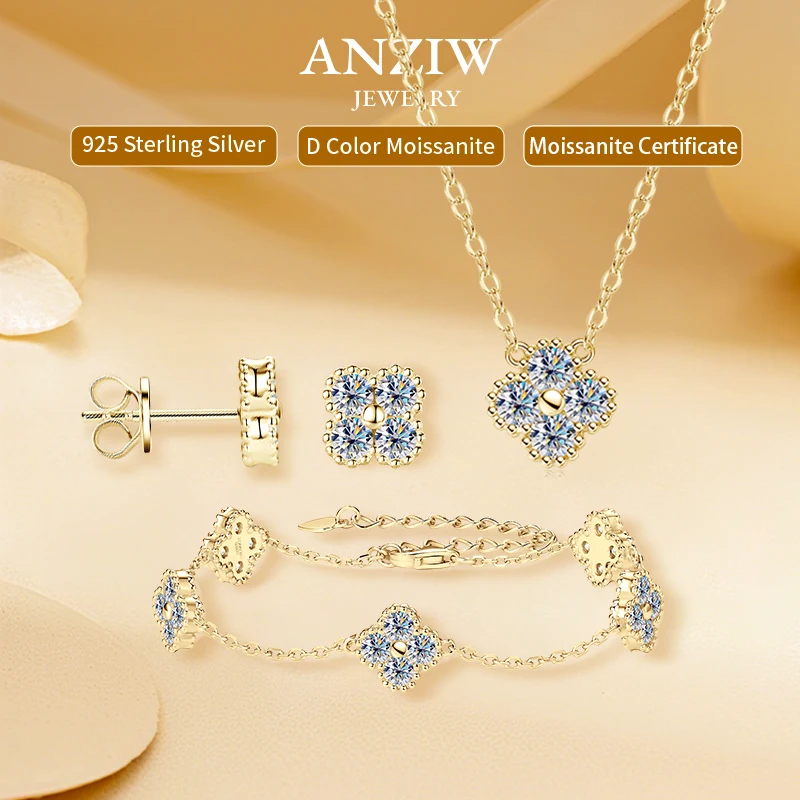 

Anziw Lucky 3 мм муассанит цветок клевера кулон ожерелье серьги браслет для женщин серебро 925 пробы очаровательные ювелирные изделия подарки на день Святого Валентина