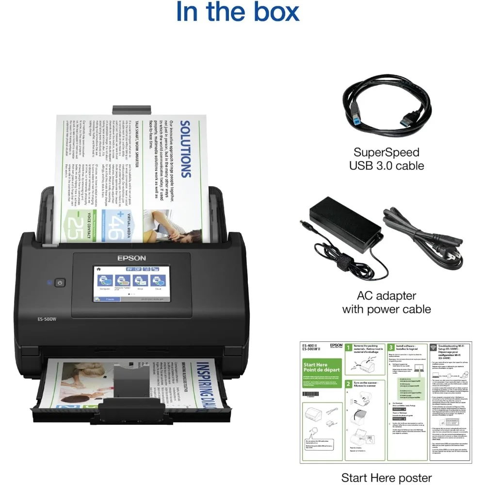 Workforce Wireless Color Duplex Desktop Document Scanner, Alimentador Automático para PC e Mac, 100 folhas, ES-580W