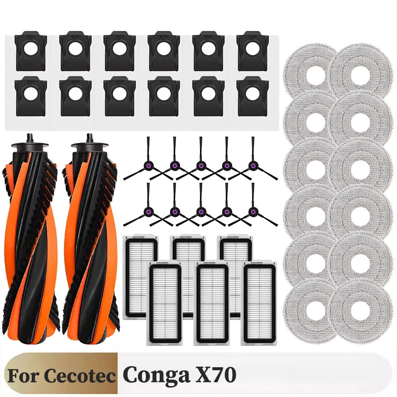 For ( Cecotec Conga X70 ) Replacement Parts Accessories Main Side Brush HEPA Filter Mop Pad Dust Bag