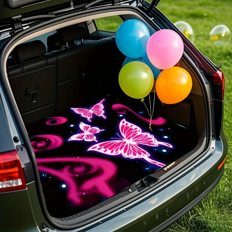 Glow-in-the-Dark Pink Neon Butterfly Car Trunk Mat - Fit For Cars, Trucks & SUVs, Glowing Auto Liner With Pink/Purple Design, Du