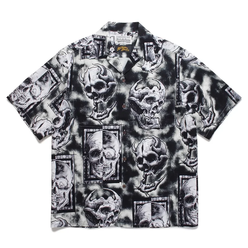 Vintage Wacko Maria Skull Pattern Full Print Shirt Hoge Kwaliteit Zomer Heren Hawaii Shirt Met Korte Mouwen