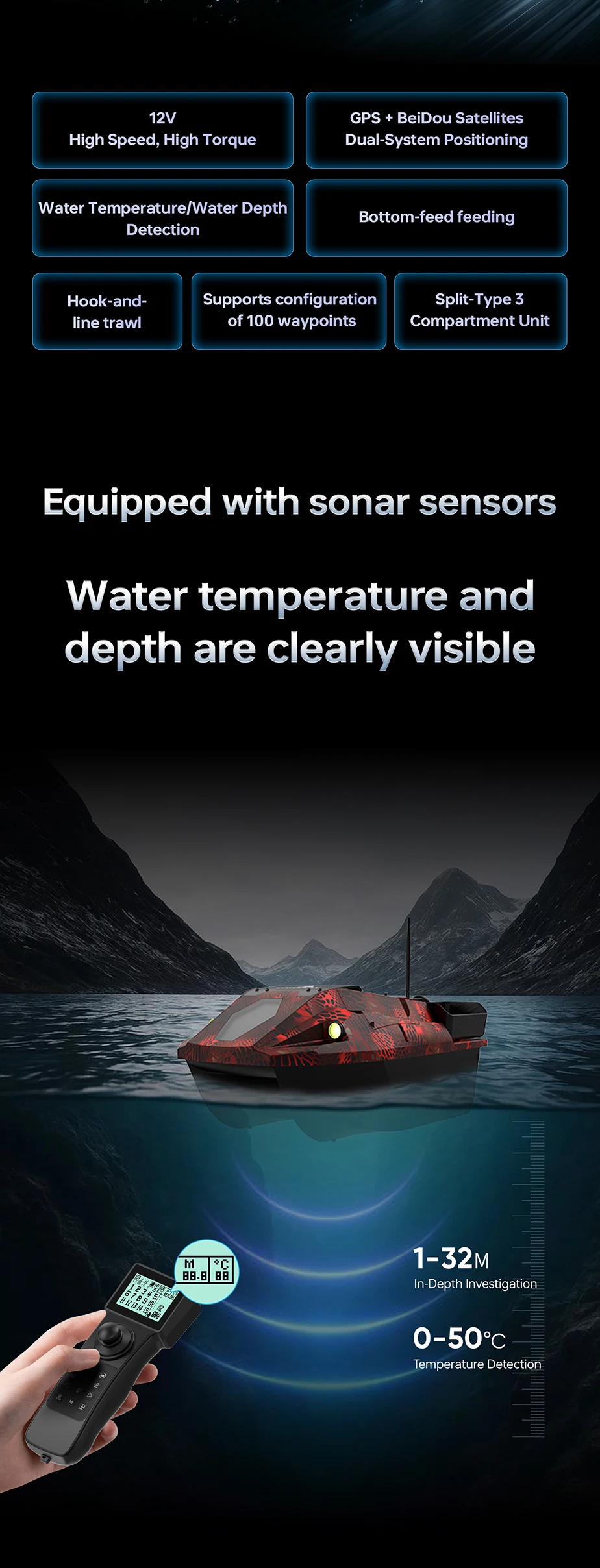 LOKEEVAN GPS-Köderboot mit 100 GPS-Standorten, Fischfinder für Tiefe und Wassertemperatur, automatische Rückkehr mit großem Köderbehälter, 2,5 kg Ladekapazität, 15600x2 mAh Köderboot mit 600 m Reichweite. – Detail 2