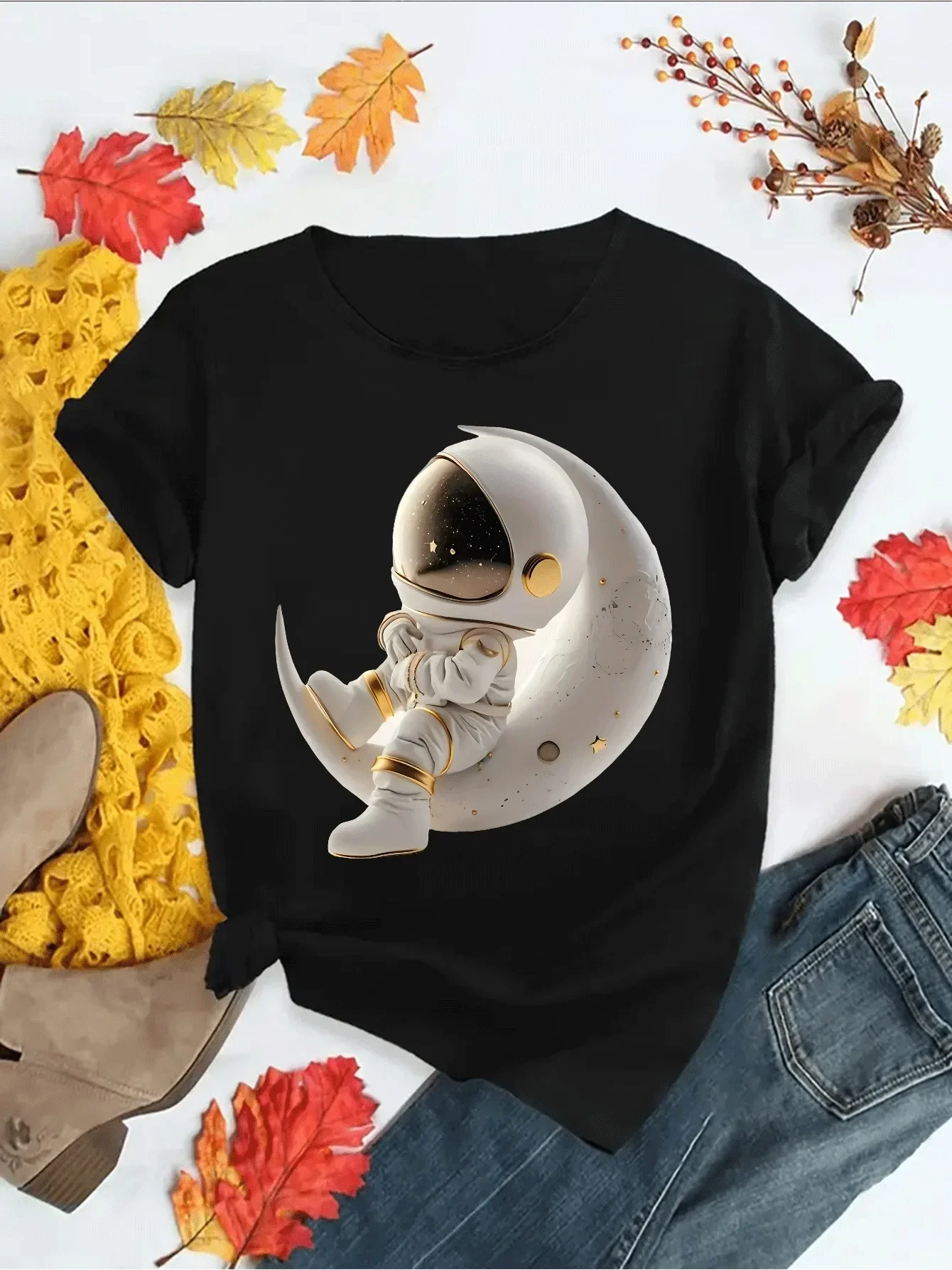 With Crescent Stars Medium-Stretch Polyester Round Casual Summer Women's Astronaut Graphic T-Shirt Space-Themed Print