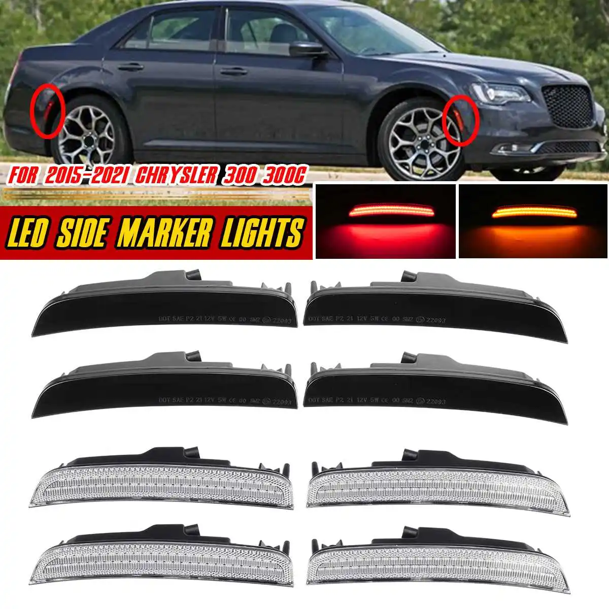 4pcs Car Fender Side Marker Light For Chrysler 300 300C 2015-2021 Wheel Arches Side Repeater Turn Signal Blinker Indicator Lamp