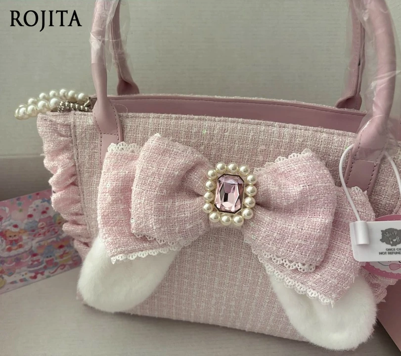 Pink Bags Mass-Produced Japanese Style Lace Handbag Crossbody Bag Pearl Chain Decoration Bowknot Handbags for Women 2025 New