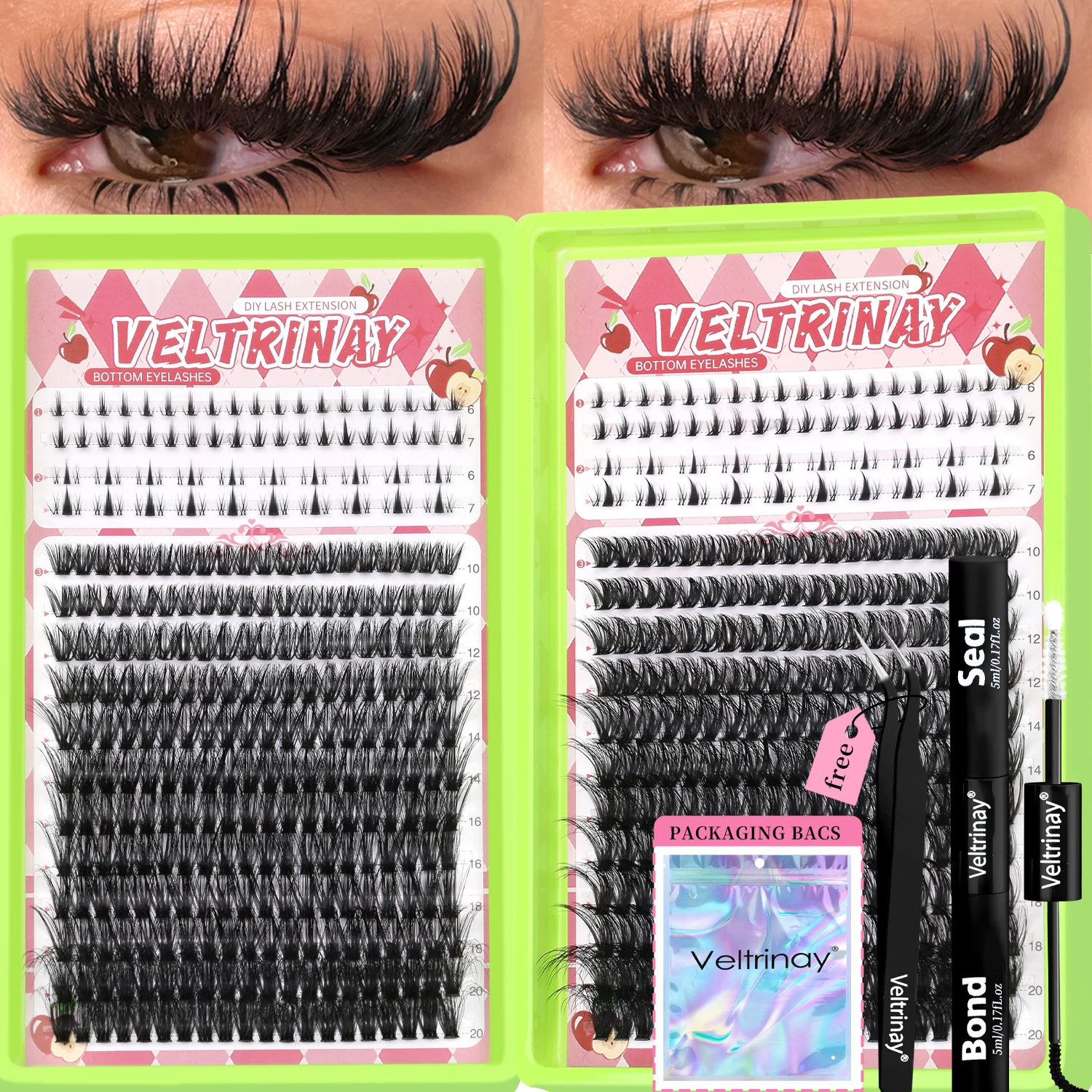 VELTRINAY 250pcs 3 Types Mixed D-Curl Cluster Lashes Kit Large Capacity Mixed Bottom Lashes + Spiky Lashes Extension Set