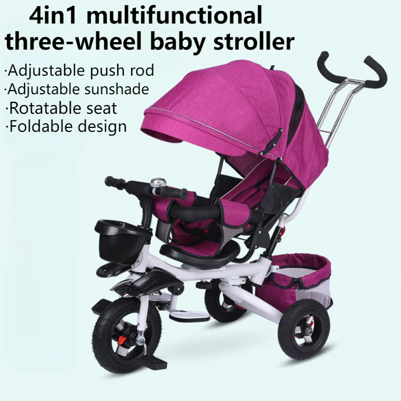 4 in 1 Folding Kids Trike Sit & Lying Toddler Stroller with Large Canopy Tricycle Dual Brake 3-Gear Adjustable Backrest Portable