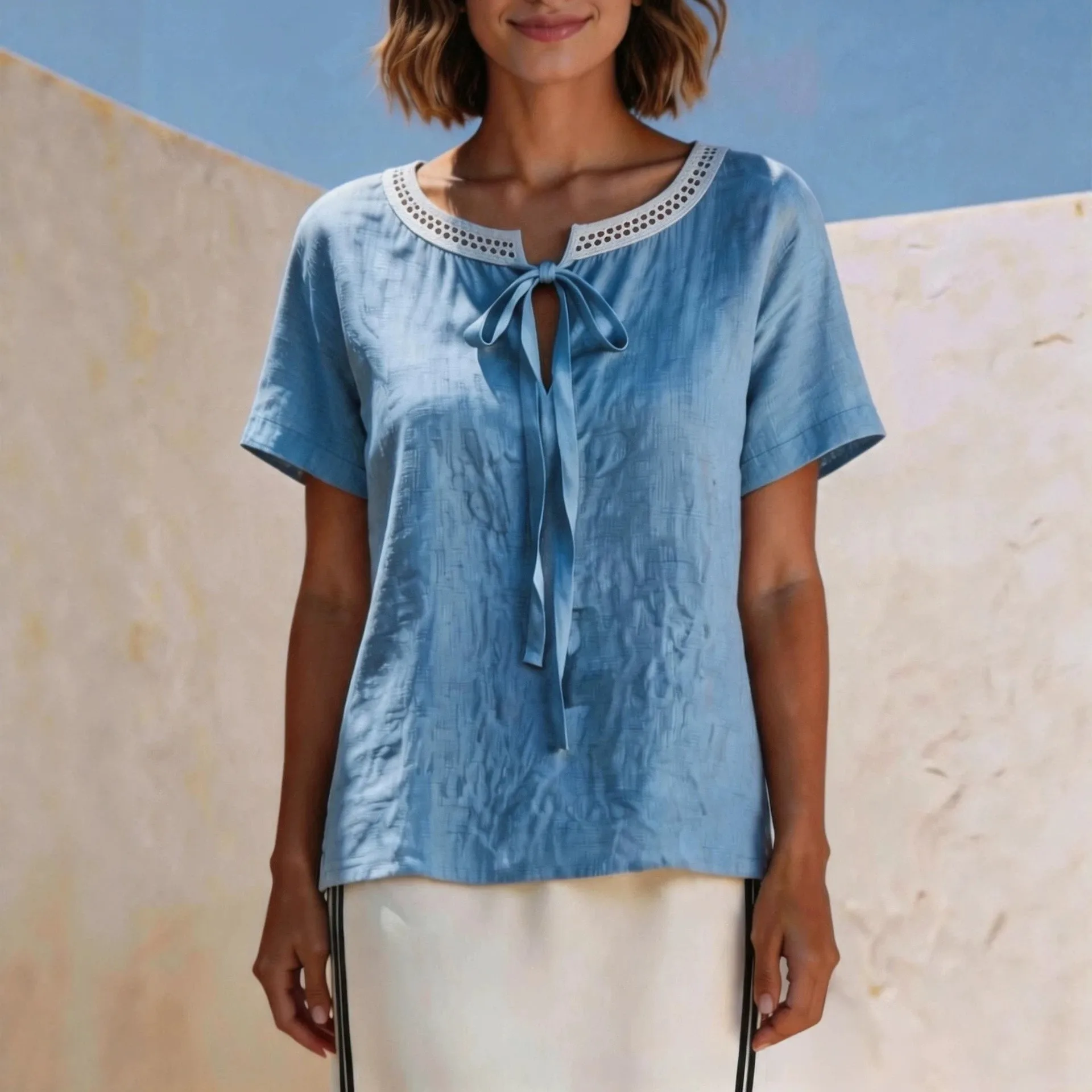 Elegant Patchwork Women Blouse 2026 New Summer O-Neck Tie Detail T-Shirt Chic Slim Fit Casual Tops Lady Office Wear Tops