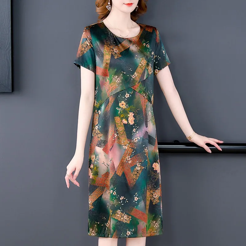 

2022 Print Loose Natural Silk robe Summer Vintage Casual Chiffon Midi prom Dress Women Elegant Bodycon Party Evening Vestidos