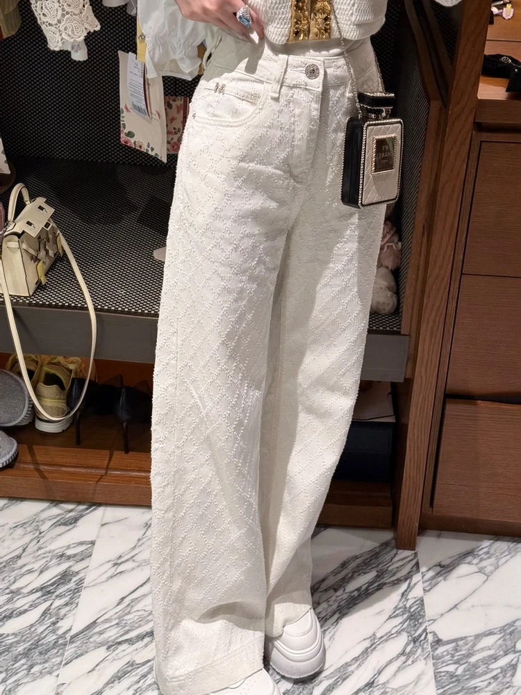 

White Embroidered Wide Leg Pants Straight Cut Diamond Pattern Versatile Casual Jeans for Women Spring Summer 2026