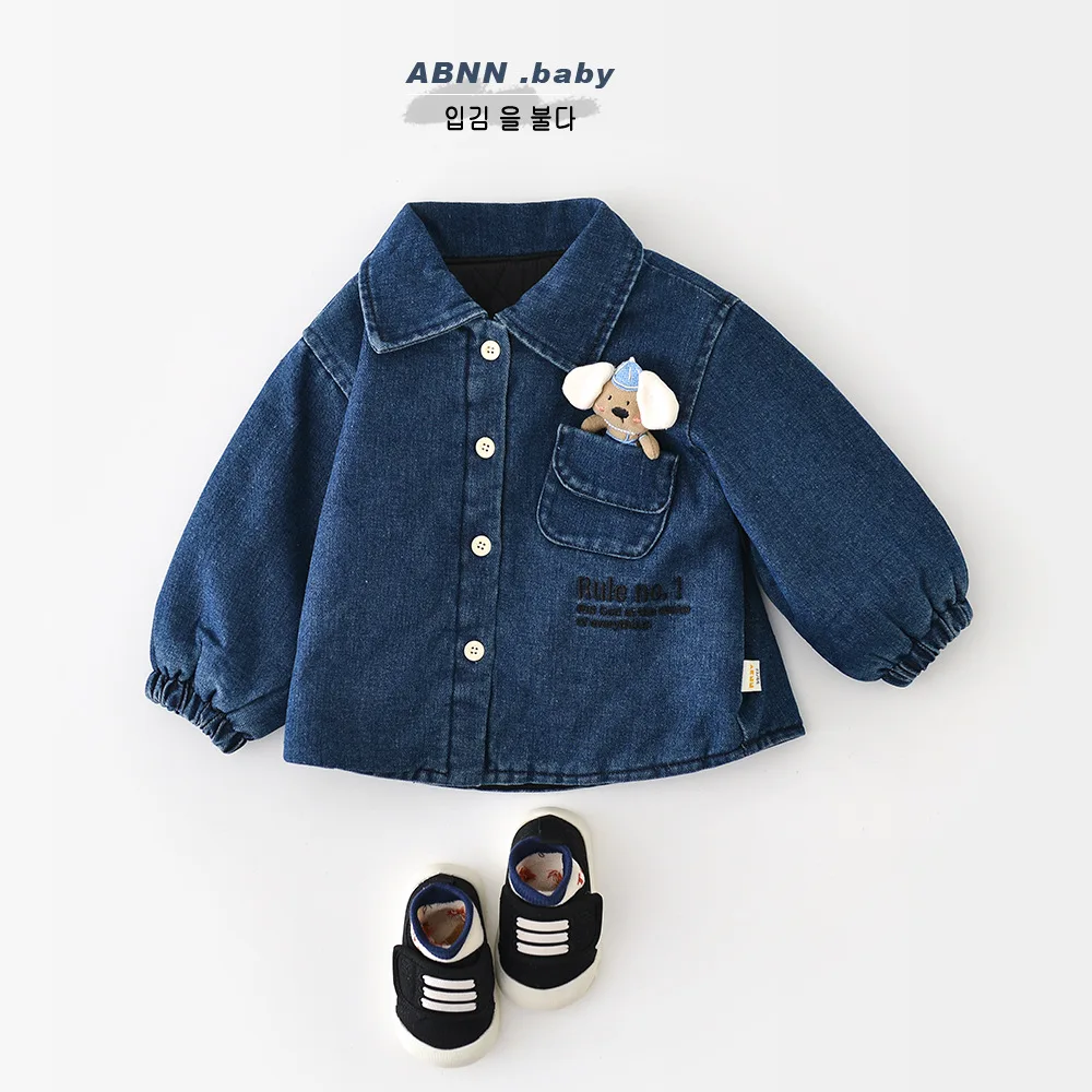 

Children's Clothes Winter 2025 Thicken Warm Cartoon Printed Demin Shirt Coat Korean Turn Down Collar Fleece Newborn Boys Jacket