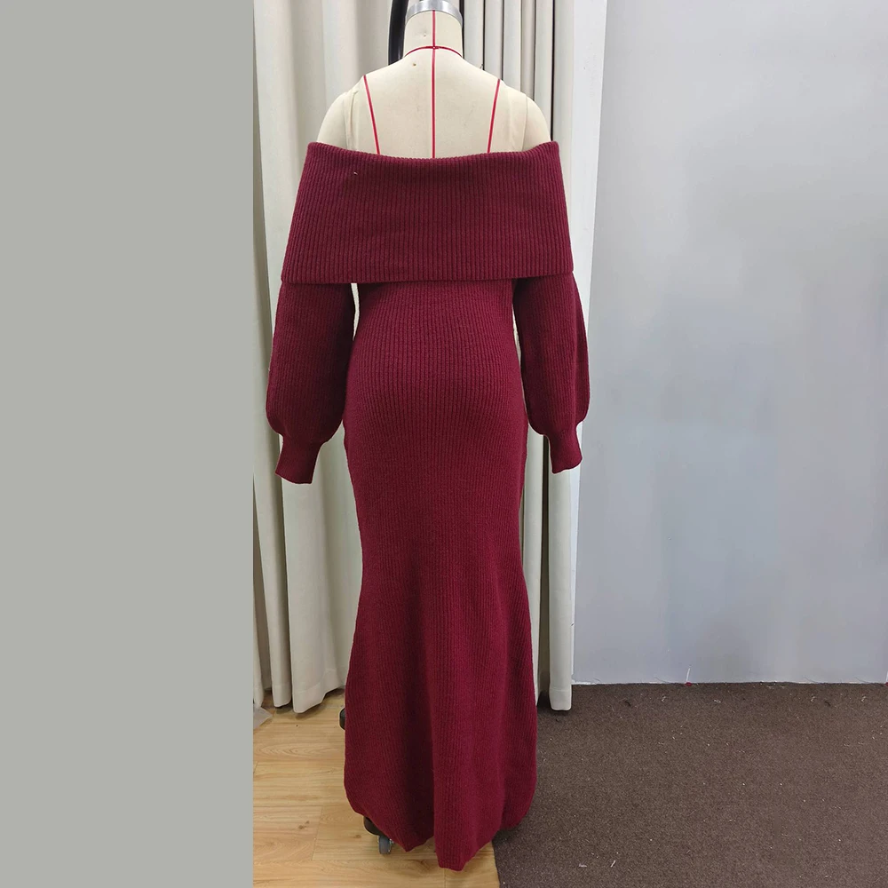 TWOTWINSTYLE Solid Slimming Dresses For Women Slash Neck Long Sleeve High Waist Minimalist Knitting Dress Female Fashion New