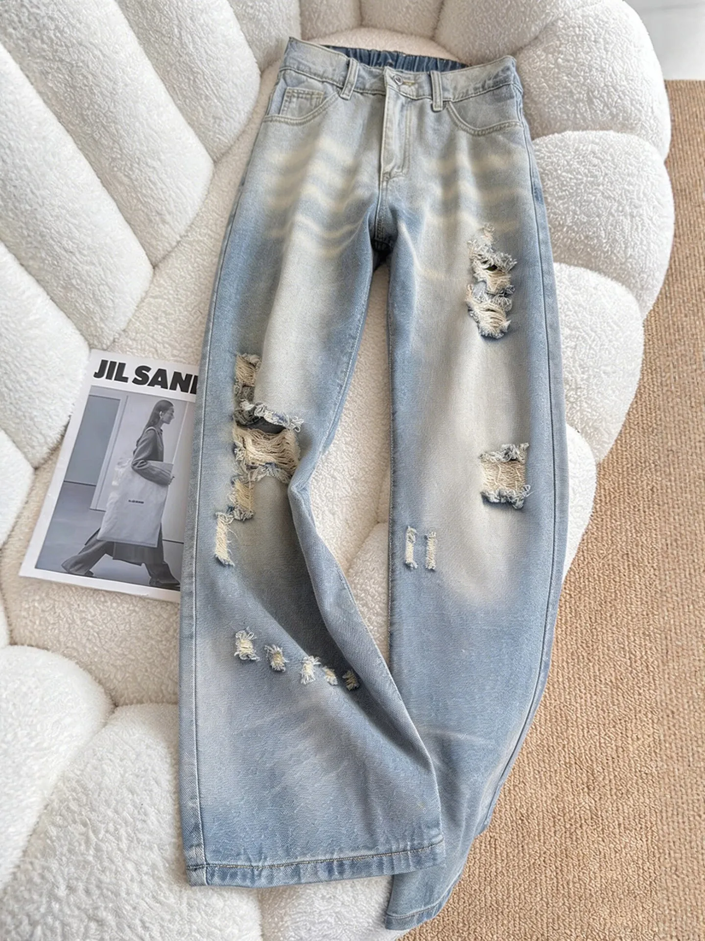 

Синие мужские джинсы в американском уличном стиле с узором «синие усы», с множеством прорезей, прямые, расклешенные, с эффектом потертости