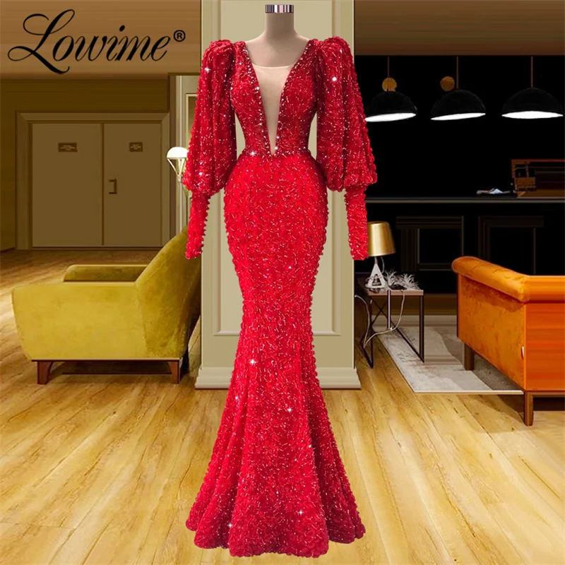 Lowime Plus Size Red Women Evening Gowns Beaded Long Sleeves Mermaid Party Dresses 2022 Custom Made Arabic Dubai Prom Dress Robe