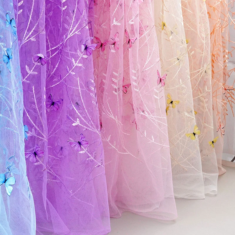 

Quality Transparent 3D Butterfly Plant Embroidery Lace Mesh Fabric Wedding Dress Fashion Designer Fabric Tulle DIY Hair Bands