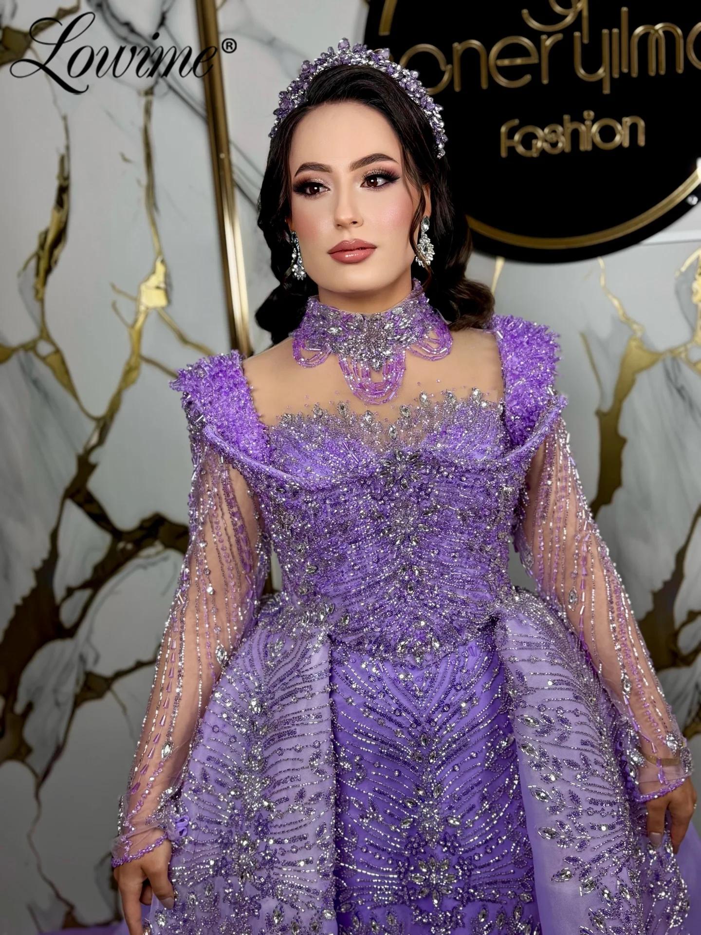 

Customized Purple Wedding Party Dress Full Sleeve Women's Formal Evening Gown With Overskirt Arabic Engagement Prom Dresses Long