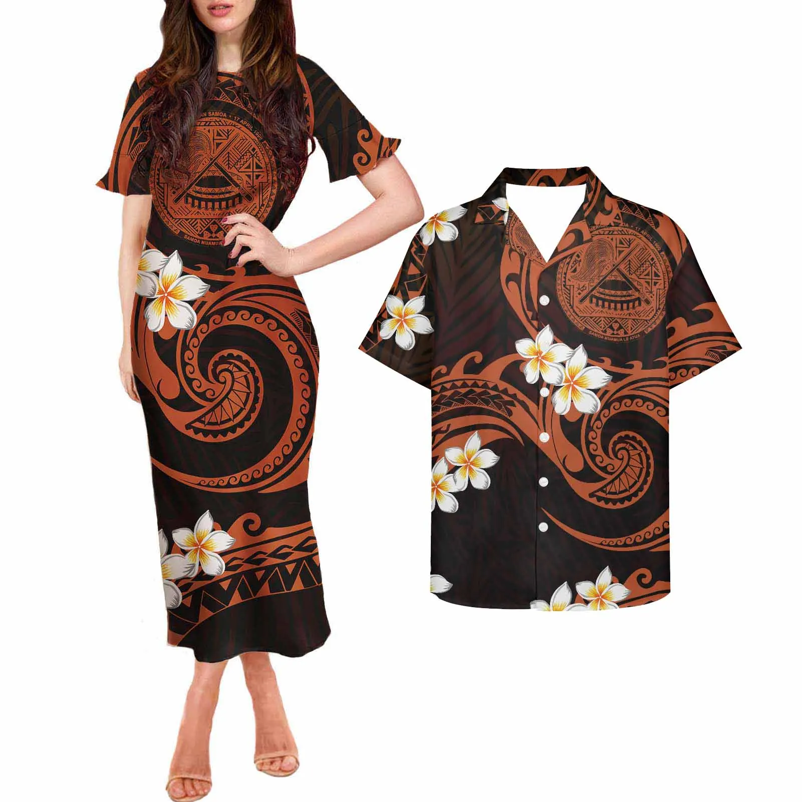 

HYCOOL Hibiscus Print Samoan Brown Dress Custom Polynesian Tribal Clothing Summer Church Wedding Couples Matching Shirt Dresses