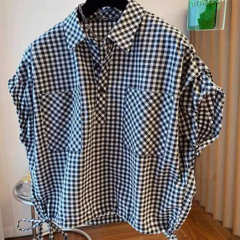 

2025 Summer New Plaid Korean Style Loose Lapel Women's Shirt Double Pocket Drawstring Bat Short Sleeve Niche Ins Fashion Top