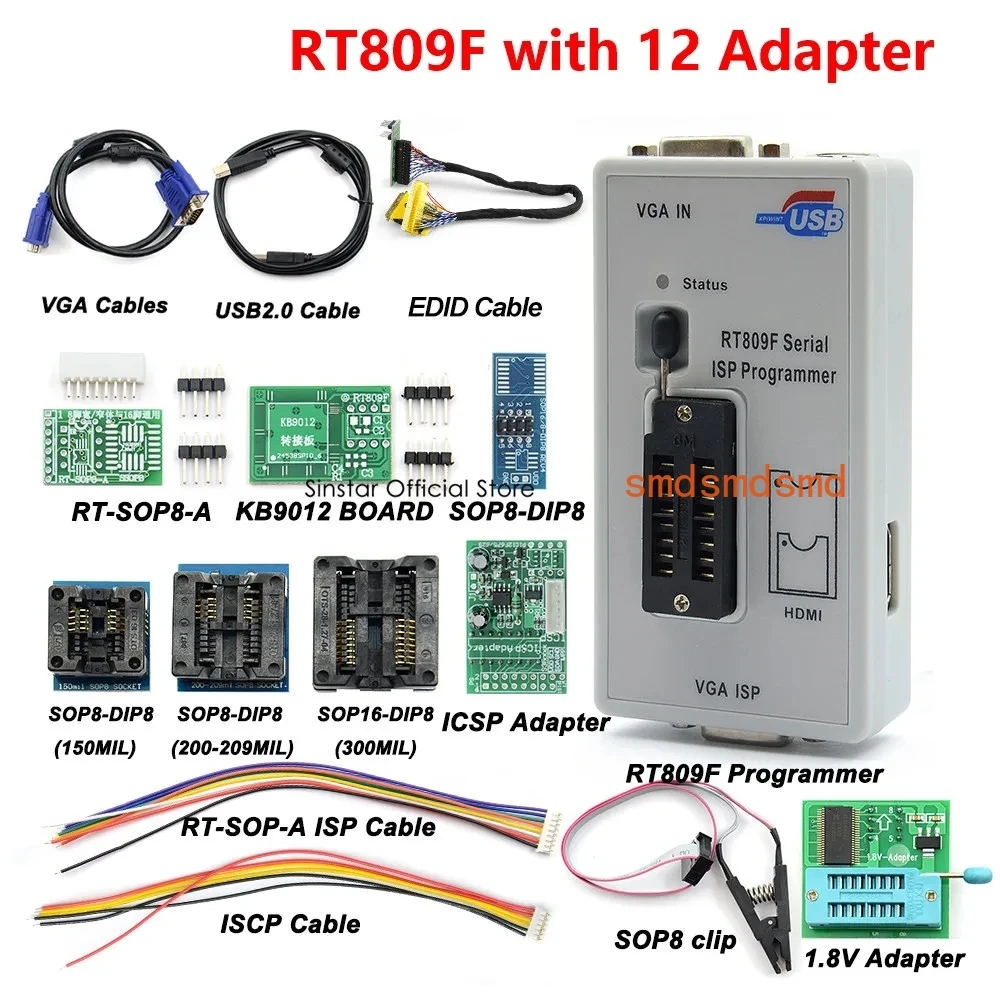 RT809F Serial ISP Programmer Standard 11 12 16 Adapters Set +1.8V SOP8 Test Clip+EDID Cable Smart Chips High Programming Speed