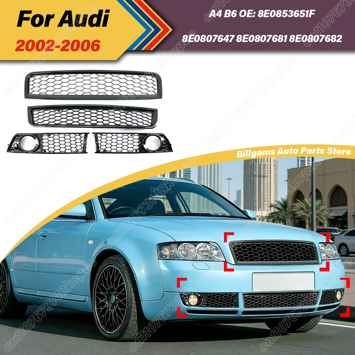 

For Audi A4 B6 2002 2003 2004 2005 2006 Automobile Water Tank Protective Cover Air Intake Grille Fog Lamp Frame Decoration Kit
