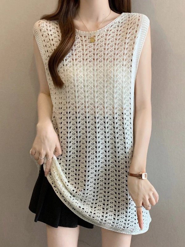Women's Knitted Hollow out Strap Vest Summer New Style Outerwear Long Sleeveless Top round Neck A-Line Casual Fashion