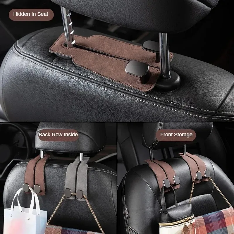 Gancho para reposacabezas de coche de gamuza Premium, colgador de doble cabeza, organizador de bolsas de asiento trasero, ganchos colgantes,