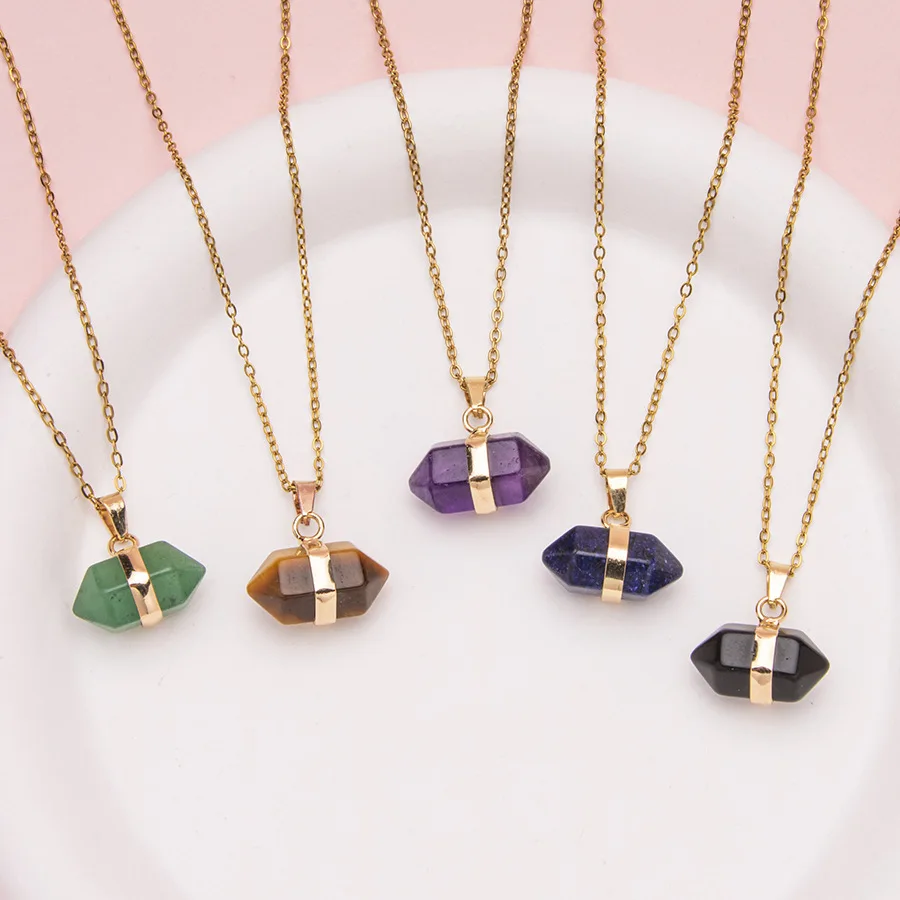 Creative Natural Crystal Stone Double pointed Hexagonal Column Pendant Jewelry Men's and Women's Fashion Necklace