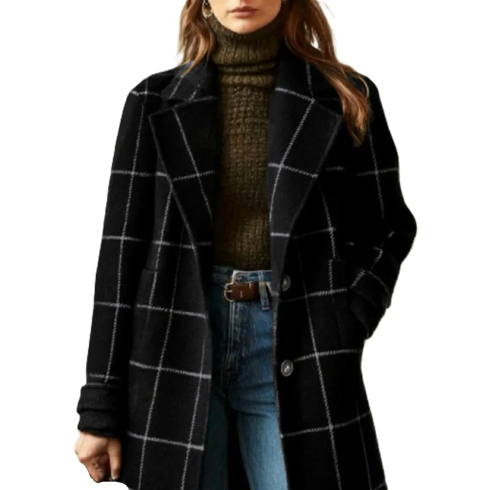 Mid-Length Womens Plaid Coat Featuring Turn-Down Collar Single-Breasted Closure and Medium Stretch Fabric for Winter