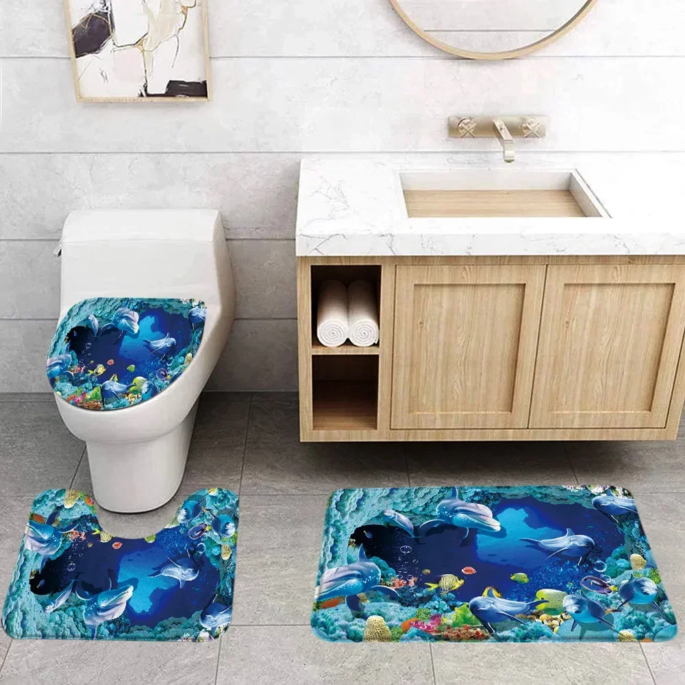 3D Printed Sea Animal Bath Mat Set Sea World Dolphin Pattern Bathtub Decoration Seawater Landscape Bathroom Decoration