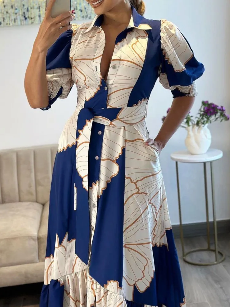 Spring Women With Button Cardigan Style Floral Printed Collar Single Breasted Ruffles Hem Female Vintage Beach Maxi Dress