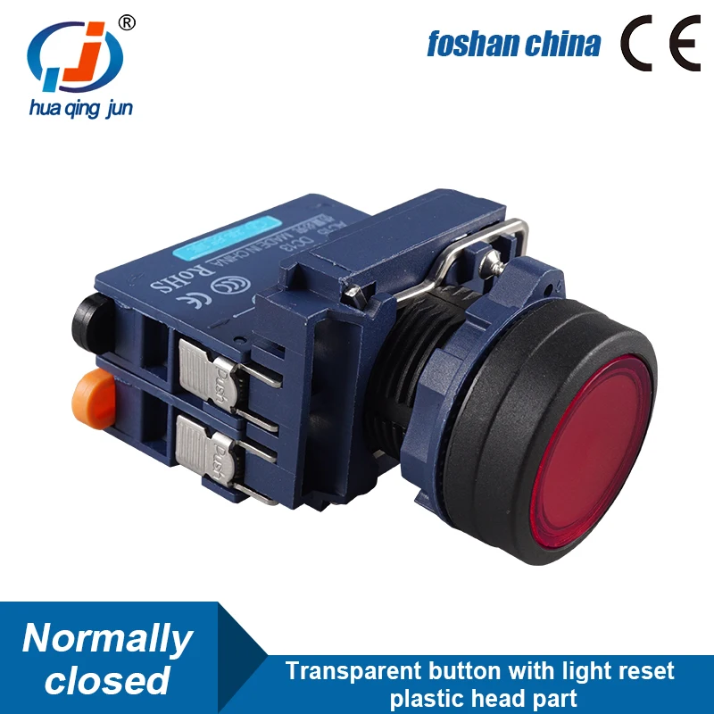 Huaqingjun Transparent Button with Light Reset Plastic Head Normal Closed Push Button Switch for PLC