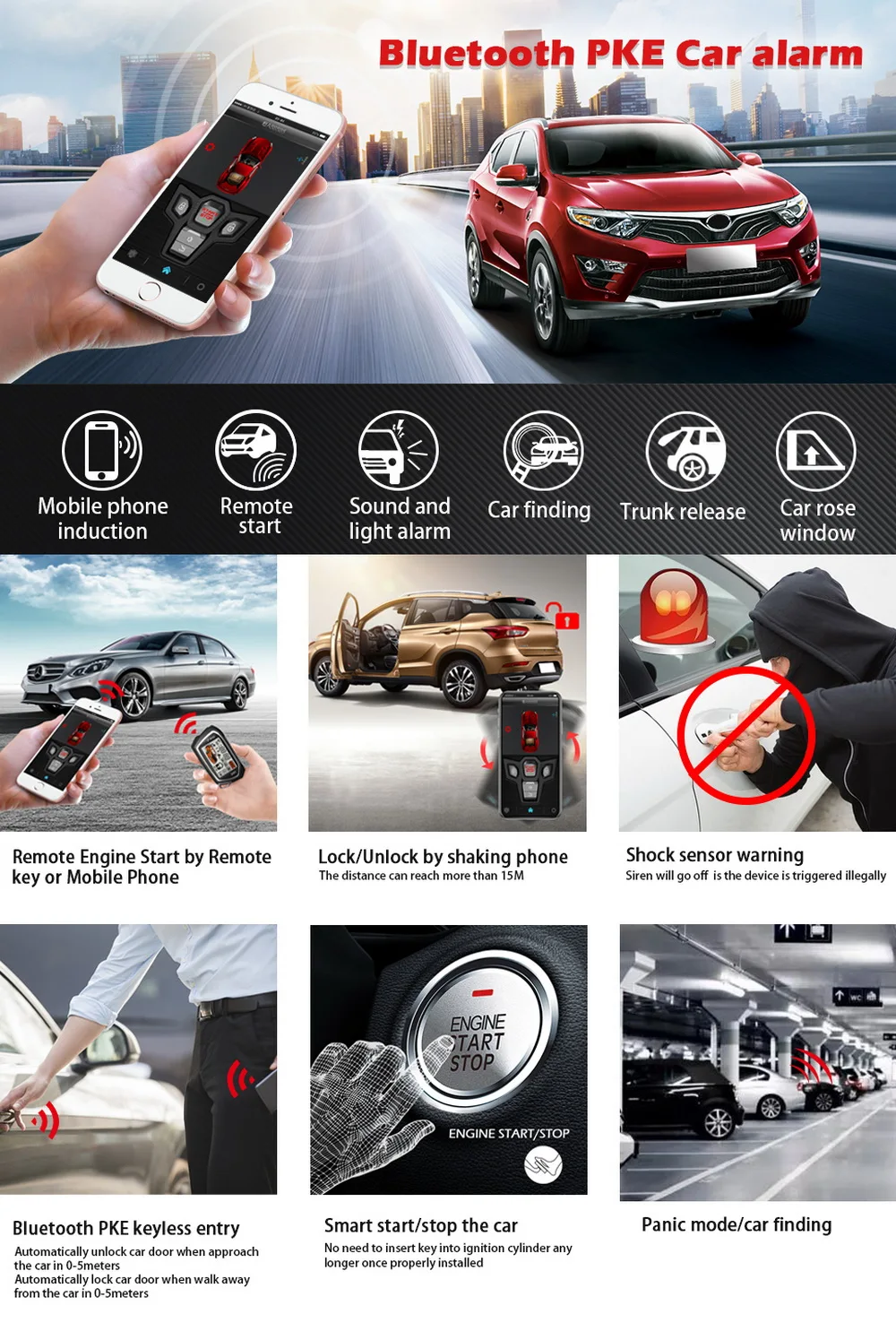 Germany Spy Bluetooth APP Two Way Car Alarm System Engine Start 2 LCD Remote 5000M Push Button Security Keyless Entry PKE 862