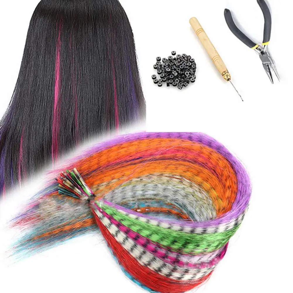 

1 Set Feather Hair Kit With Crochet Hook Hair Extensions Feathers Multicolor Synthetic Hair DIY Micro Beads Style Hairpiece Kit