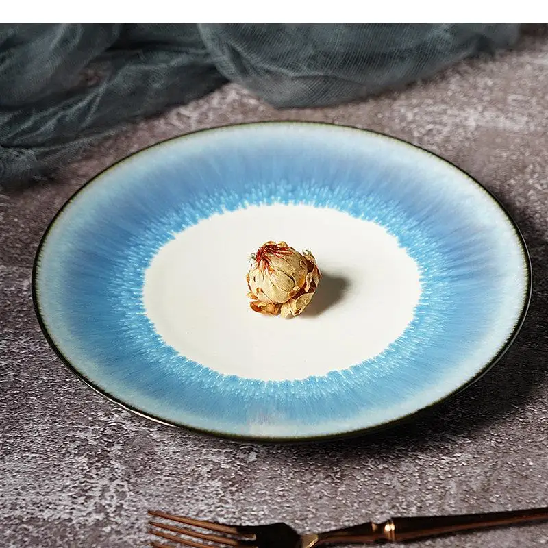 Round Ceramic Dinner Plates Features Snack Dessert Dishes Restaurant Simple Gradient Color Tableware Pasta Steak