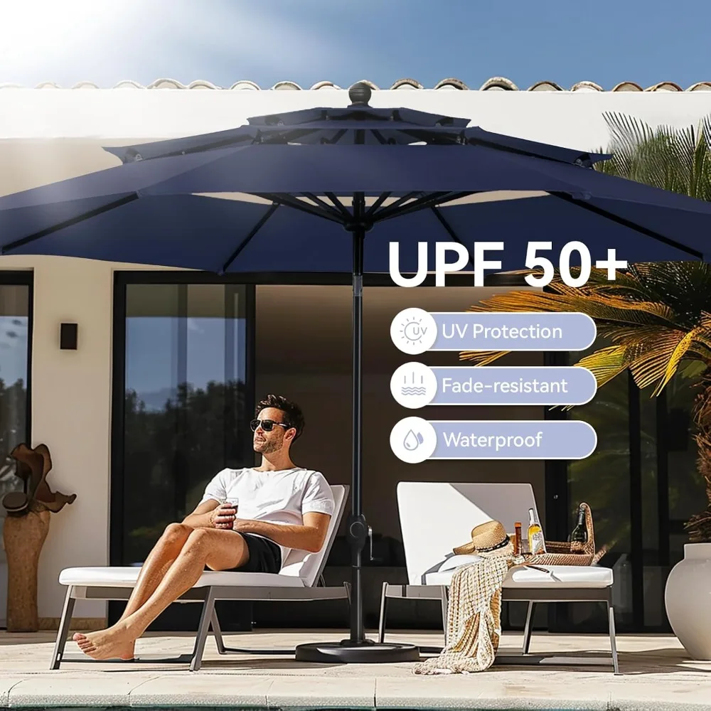 10ft 3 Tier Vented Patio Umbrella, Auto-Tilting Market Table Umbrella, 1.5" Pole & 8 Sturdy Ribs for Outdoor, Custom