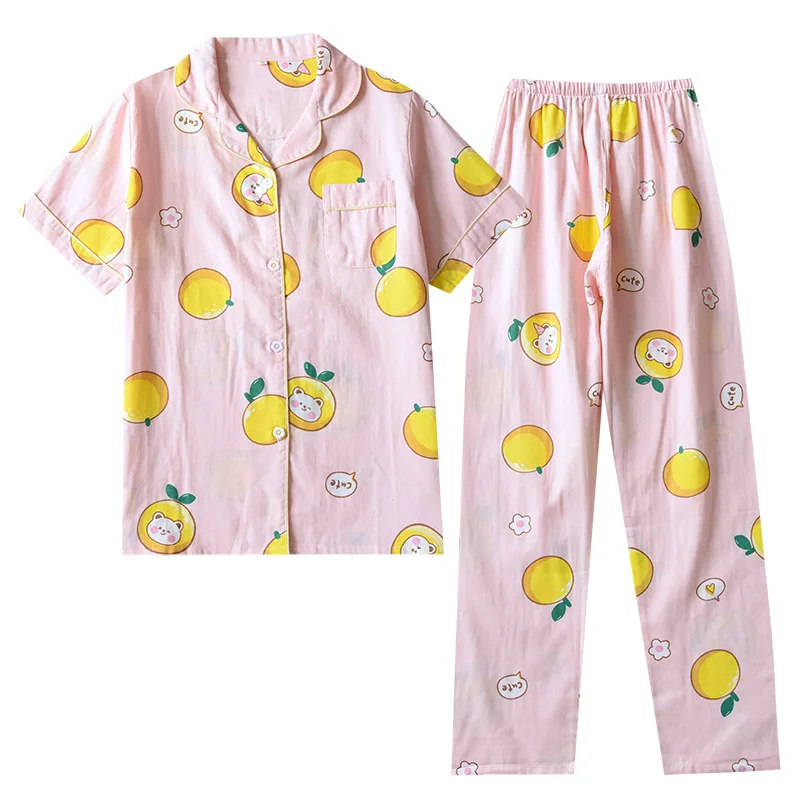 2024 Japanese new spring and summer short-sleeved trousers pajamas 2-piece set 100% cotton gauze flower cartoon home service set