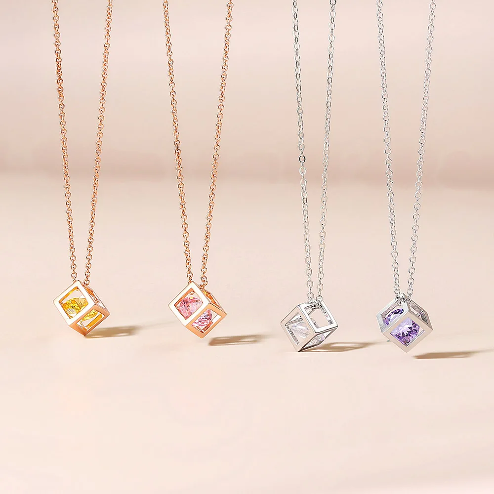 Charms Necklace For Women Aesthetic Cube Pink Zircon Rose Gold Color Choker Chain On Neck Jewelry Korean Pendants Wholesale N279