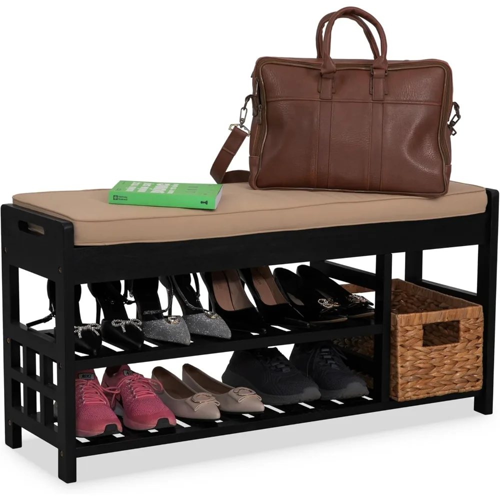 

Wooden Shoe Rack with Bench Seat - Black Acacia Wood Entryway Organizer with Cushioned Top & Easy-Move Handles - Multi-Level Sho