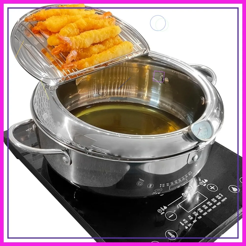 

11-дюймовая сверхбольшая кастрюля для фритюра с крышкой, из нержавеющей стали 304, с термометром по Фаренгейту и подставкой для слива масла