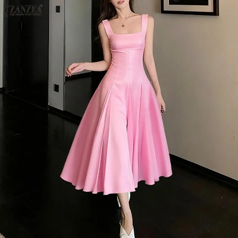 ZANZEA Robe de soirée élégante mode femmes Sexy sans manches solide Satin fête Robe d'été décontracté plissé col carré longue Robe